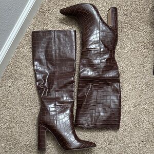 Steve Madden Nikitta Chocolate Croc Heeled Tall Boots